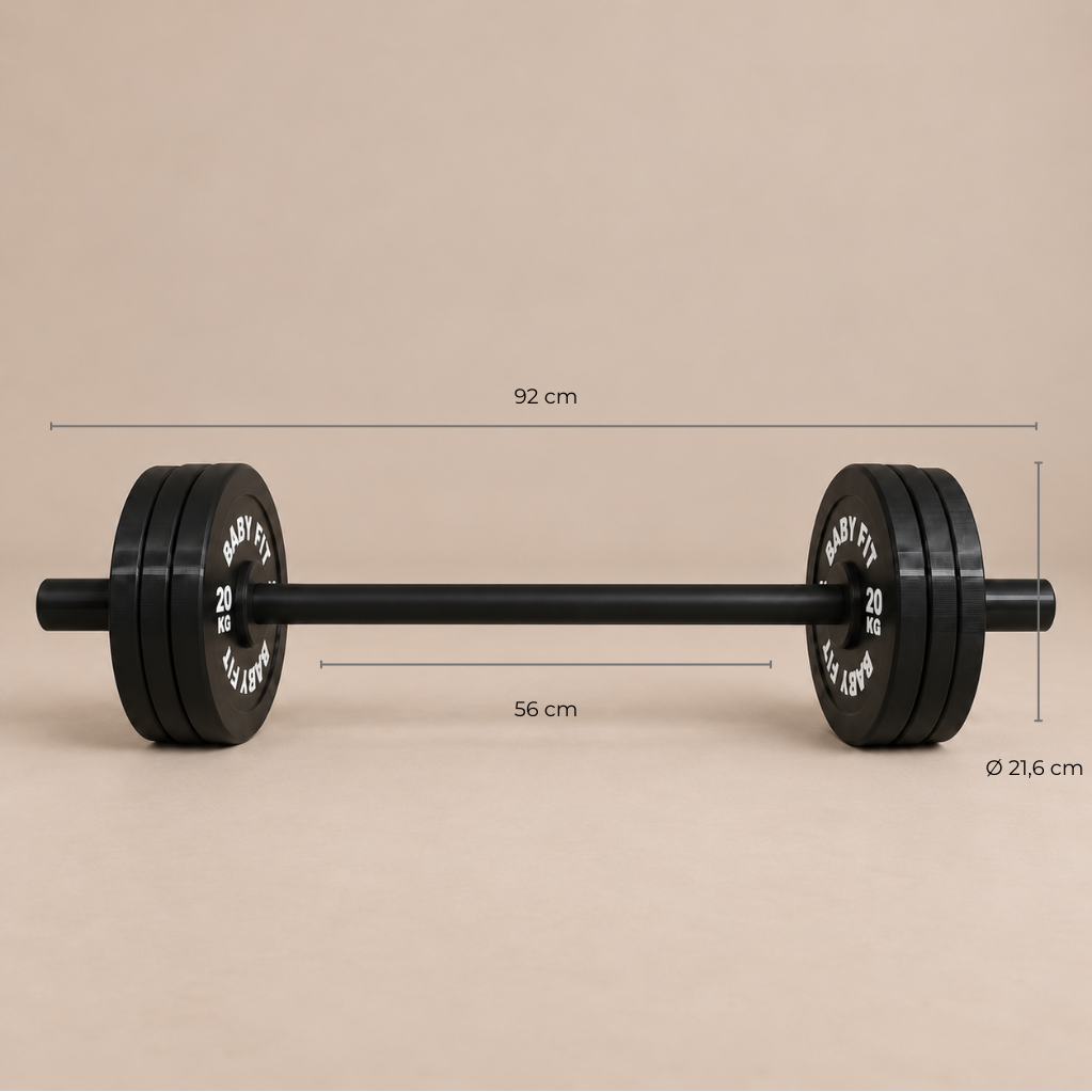 Medidas del set Baby Fit 10, 15 y 20 KG con barra de 92 cm y agarre de 56 cm